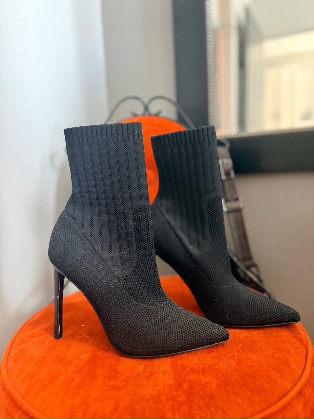 Steve Madden Black Knit Pointed Stiletto Sock Booties